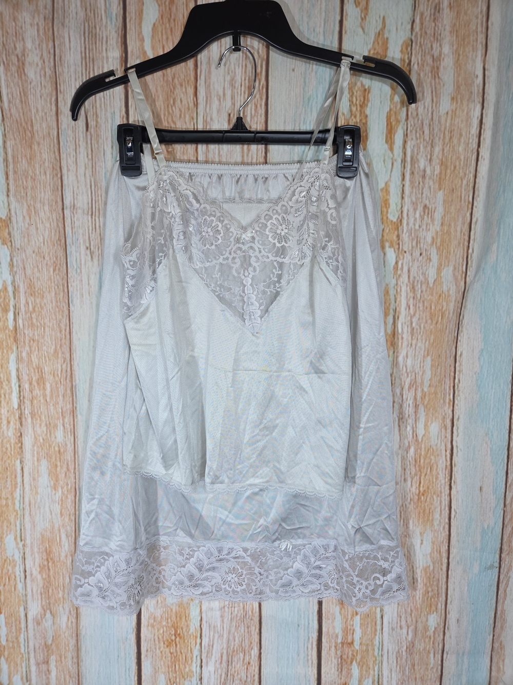 Body Lites Vintage Beige Nylon Lace-Trim Satin Slip Camisole & Bottoms.